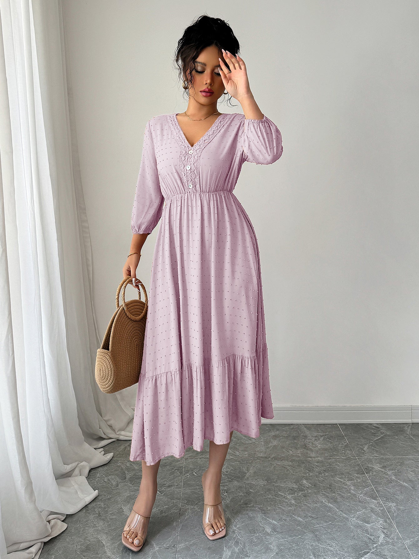 Pink Dobby Textured Fit & Flare Tiered Dress