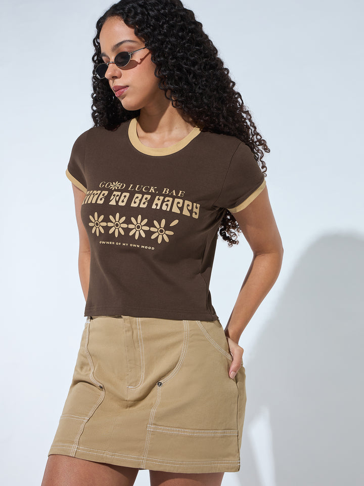 Brown Crew Neck Graphic Tshirt