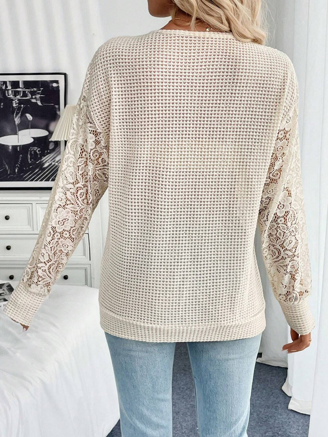 Cream Mesh Sleeve Round Neck Top