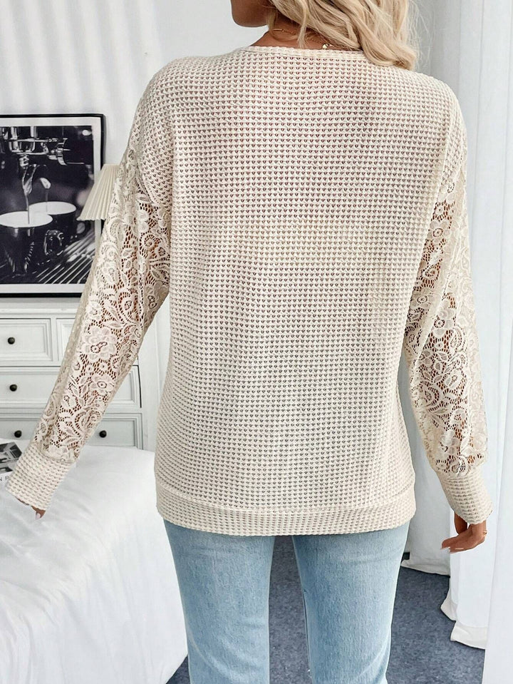 Cream Mesh Sleeve Round Neck Top