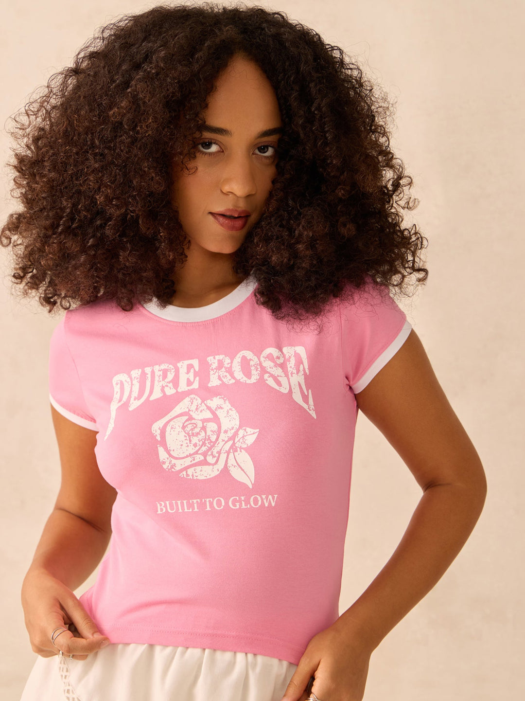 Pink Raglan Cropped Top With Graphic Print