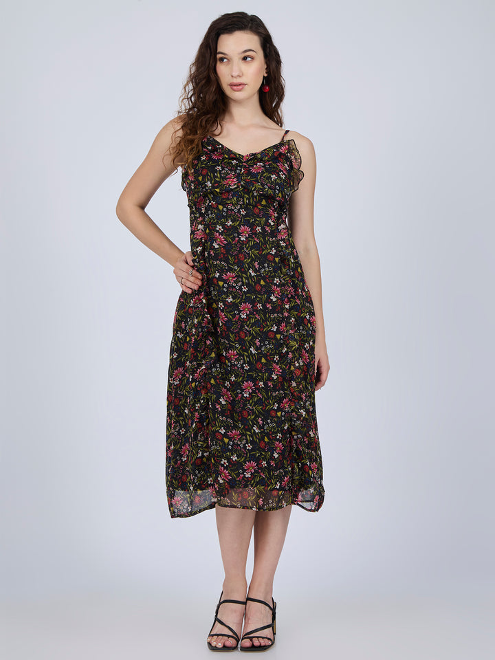 Multi Printed Ruffle Midi Dress