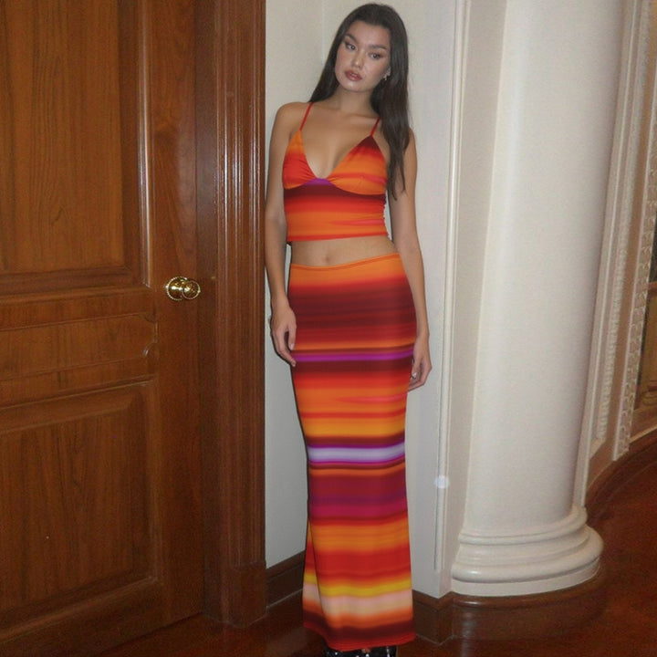 Orange Spaghetti Top With Skirt Co-Ord Set