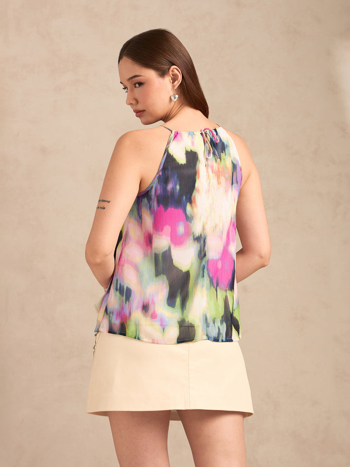 Pink Halter Neck Ruffles Flared Printed Top