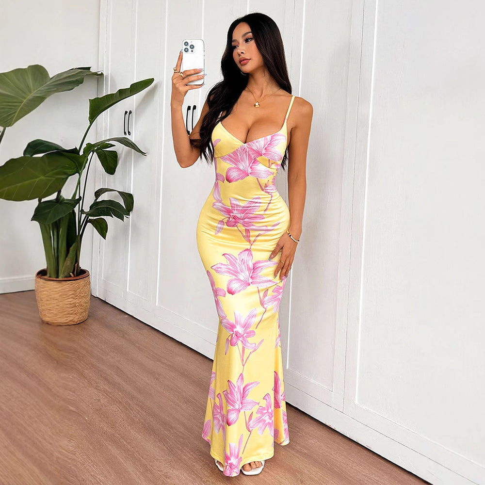 Yellow Strappy Printed Maxi Dress