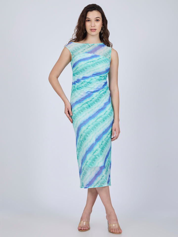 Blue Printed Off Shoulder Midi Dress