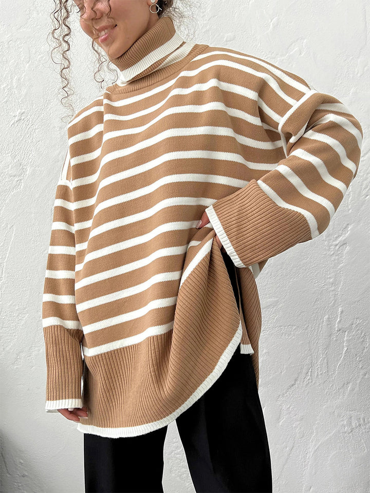 Khaki Turtle Neck Striped Sweater