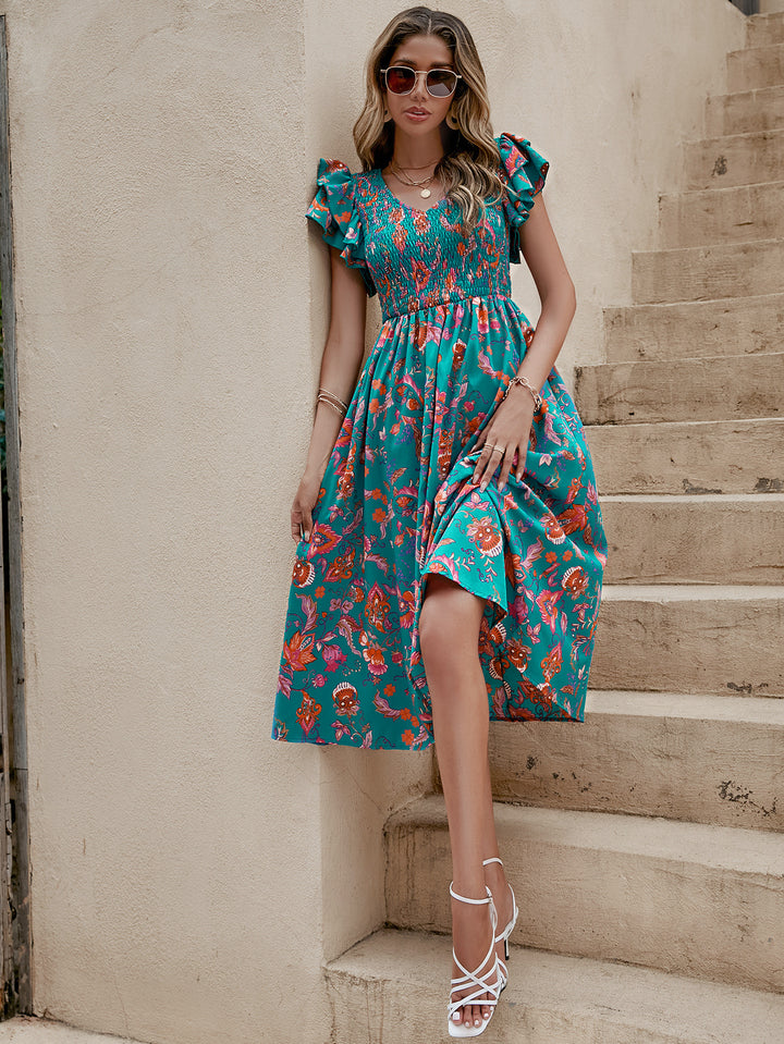 Blue All Over Print Fit And Flare Midi Dress