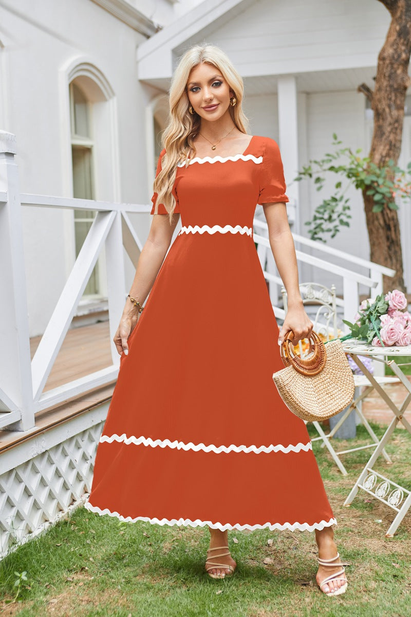 Rust Square Neck Contrast Tipping Maxi Dress