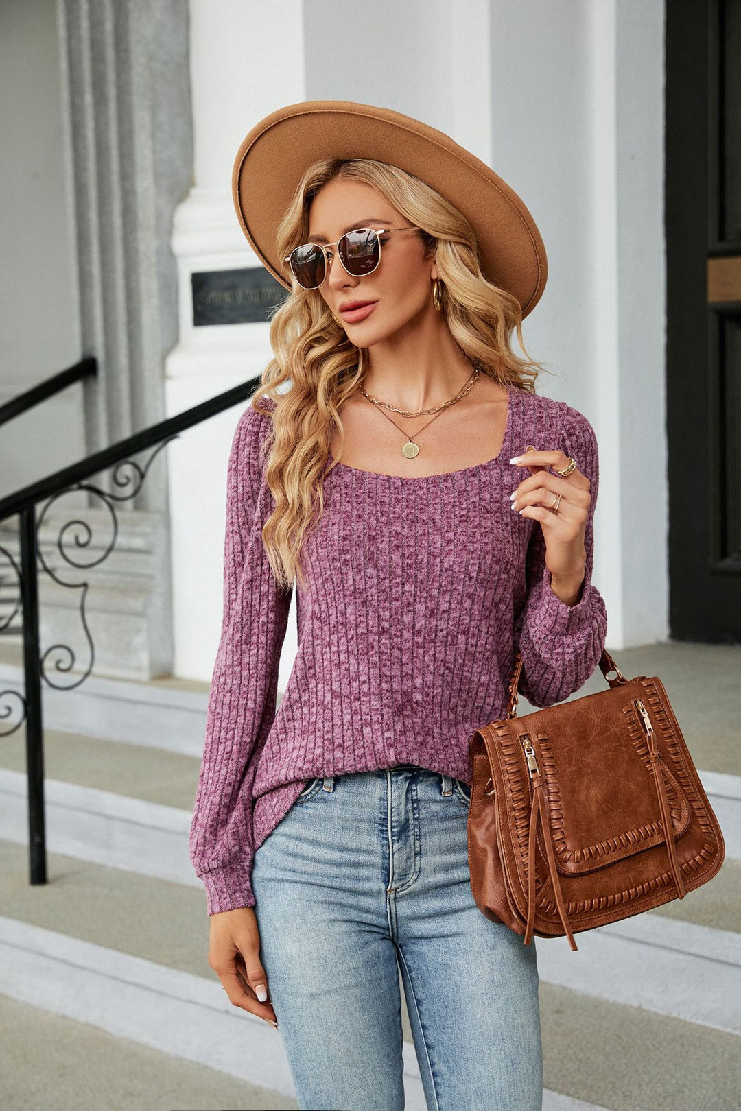 Mauve Full Sleeves Square Neck Top