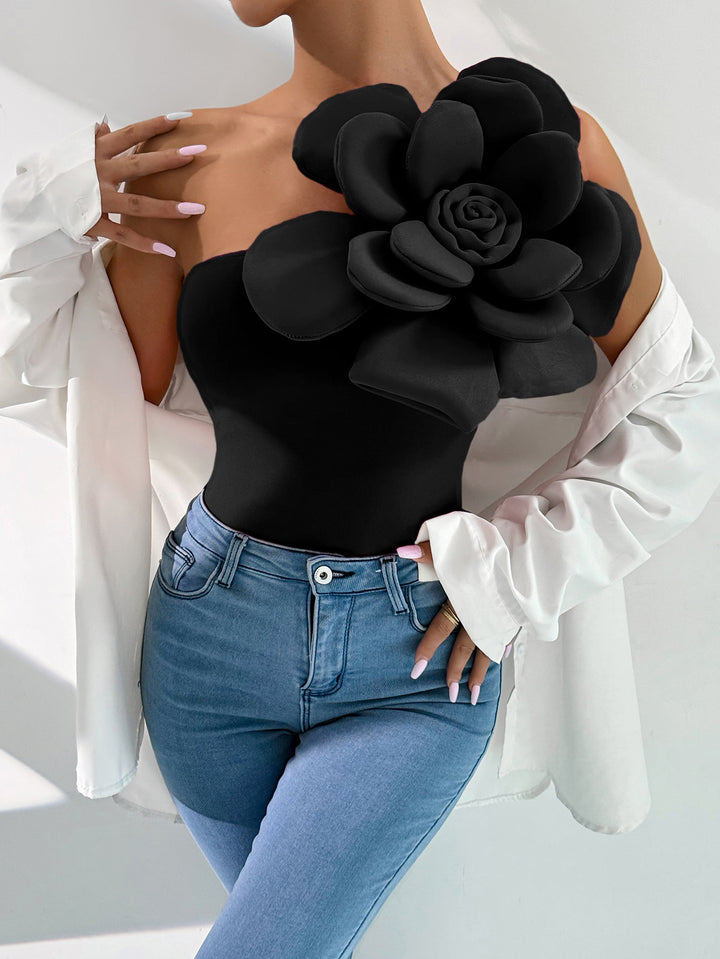 Black One Shoulder Flower Attached Top