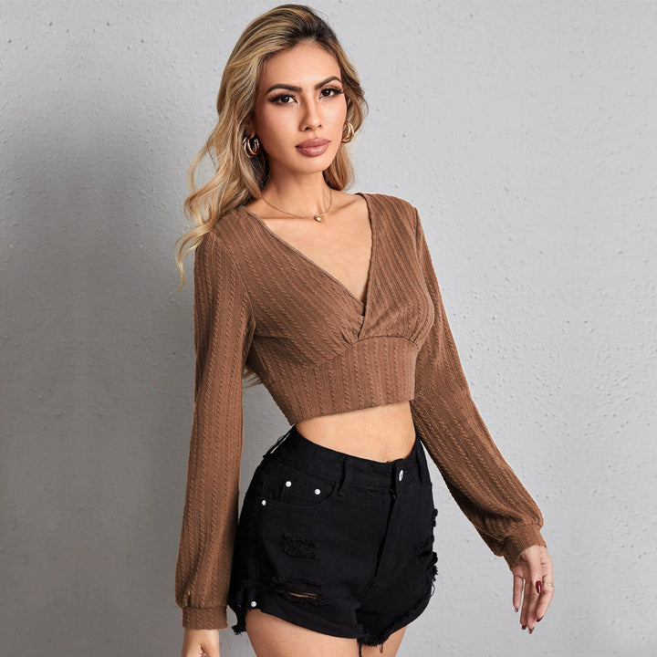 Brown Full Sleeved V-Neck Top