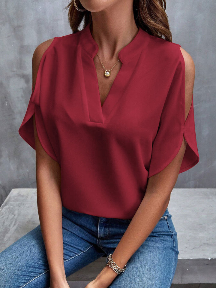 Red Mandarin Collar Cold Shoulder Top