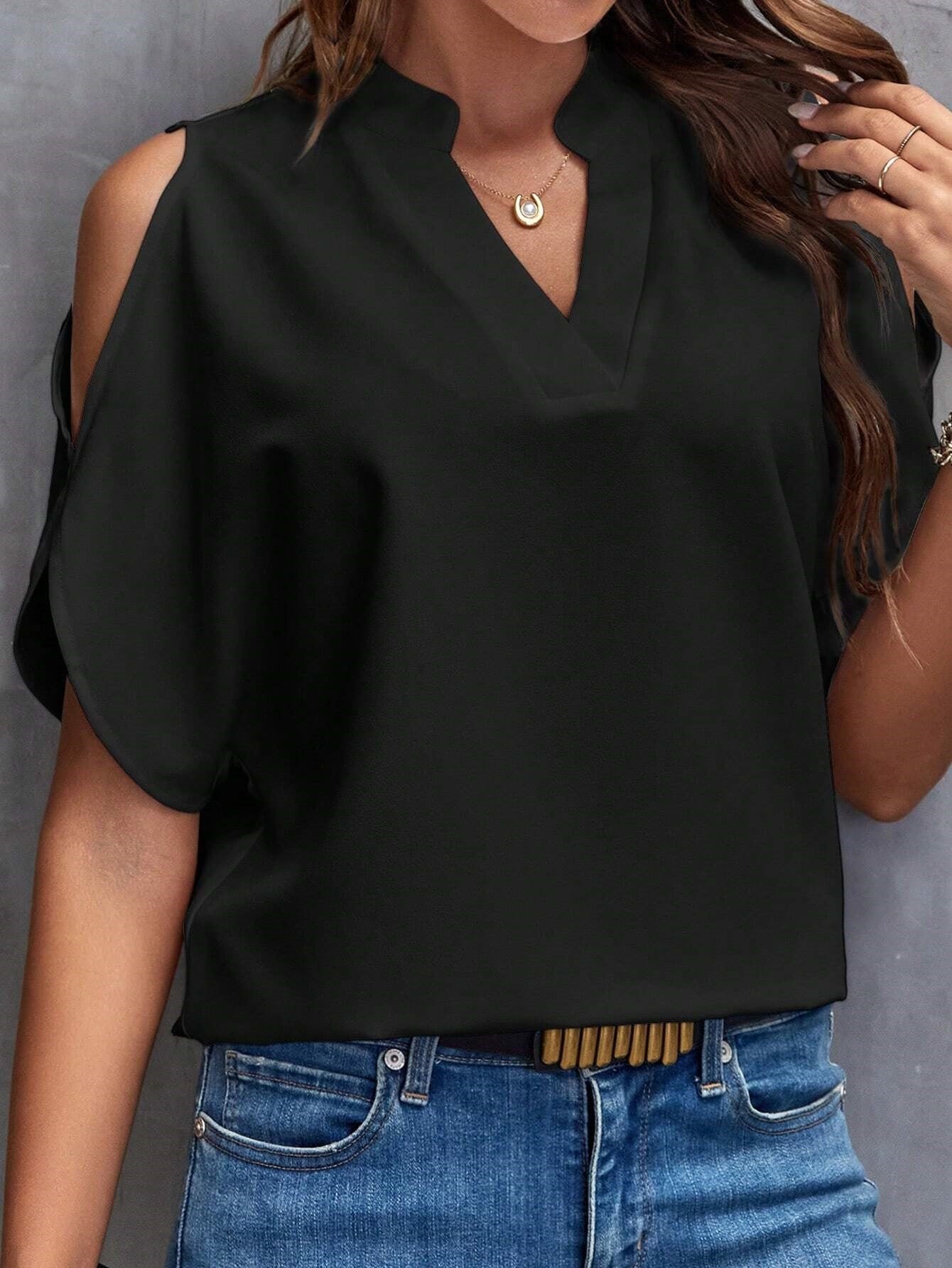 Black Mandarin Collar Cold Shoulder Top