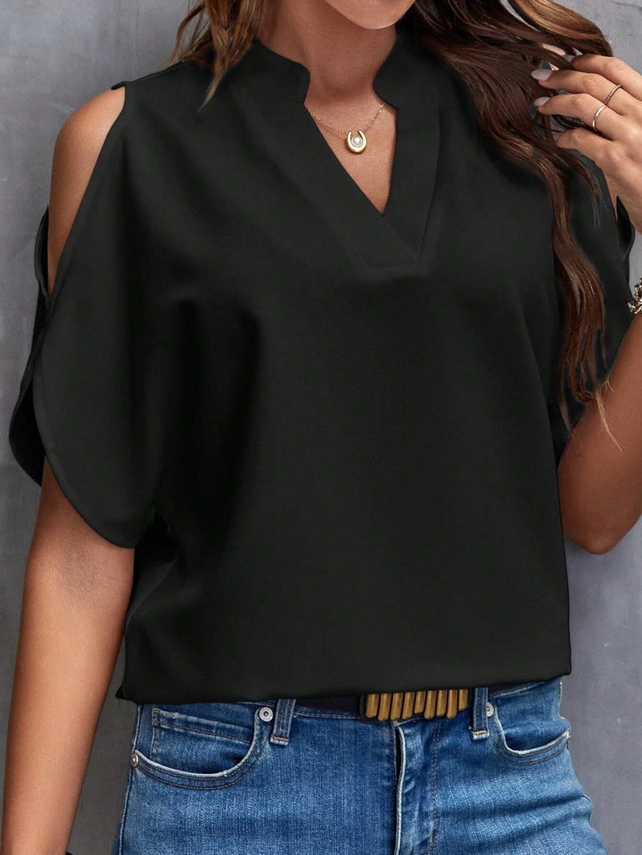 Black Mandarin Collar Cold Shoulder Top