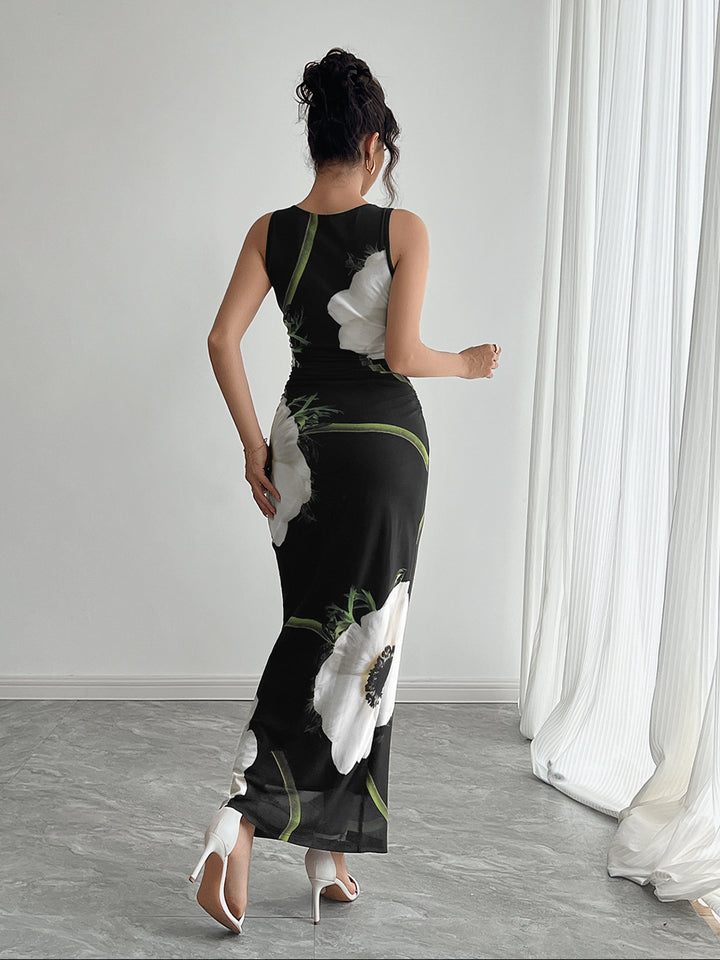 Black Sleeveless Floral Printed Dress