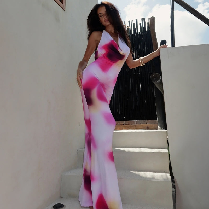 Pink Printed Cowl Neck Maxi
