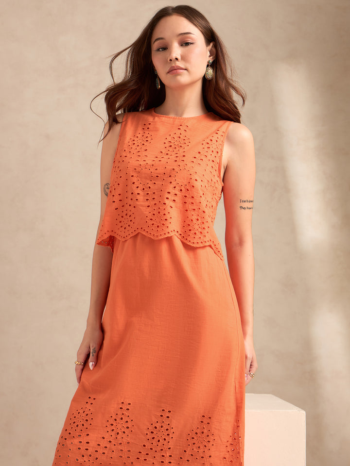 Orange Sleeveless Schiffli Maxi Dress