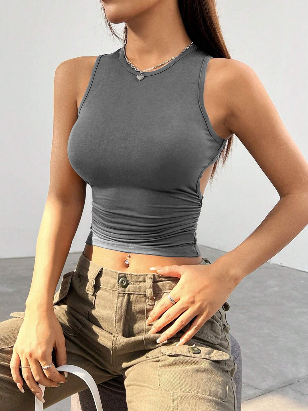 Grey Back Cutout Tank Top