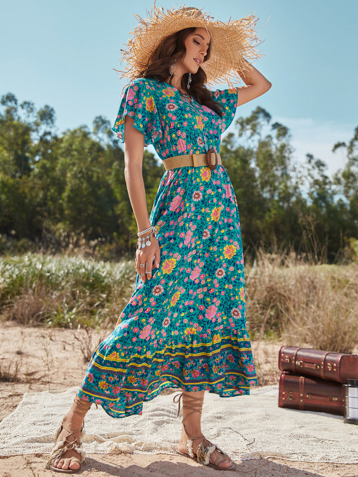 Blue Floral Print Maxi Dress