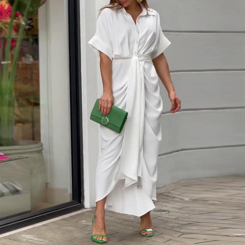 White Printed Waist Tie Up Straight Fit Dress