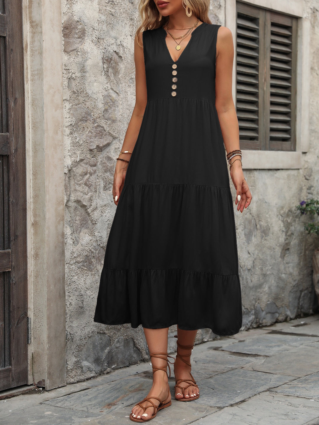 Black V-Neck Sleeveless Midi Dress