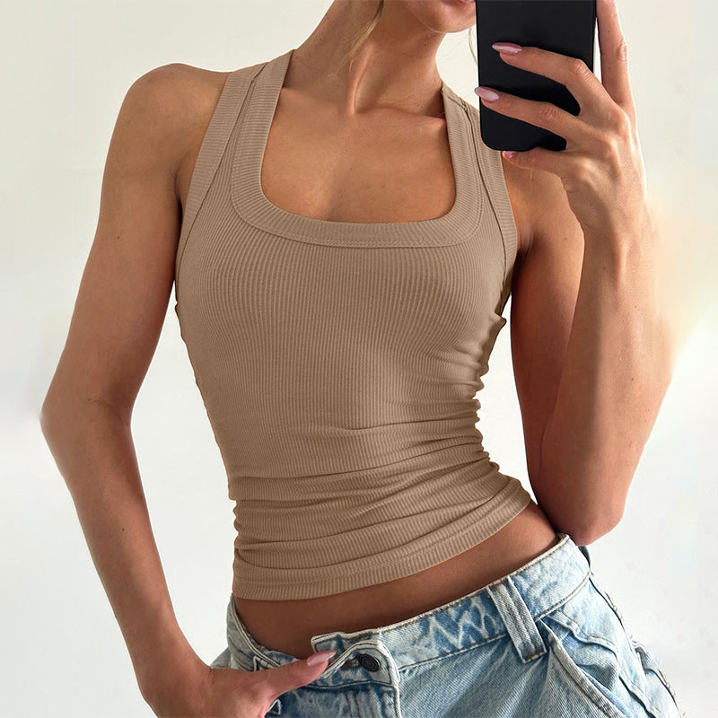 Khaki Ribbed Sleeveless Tank Top