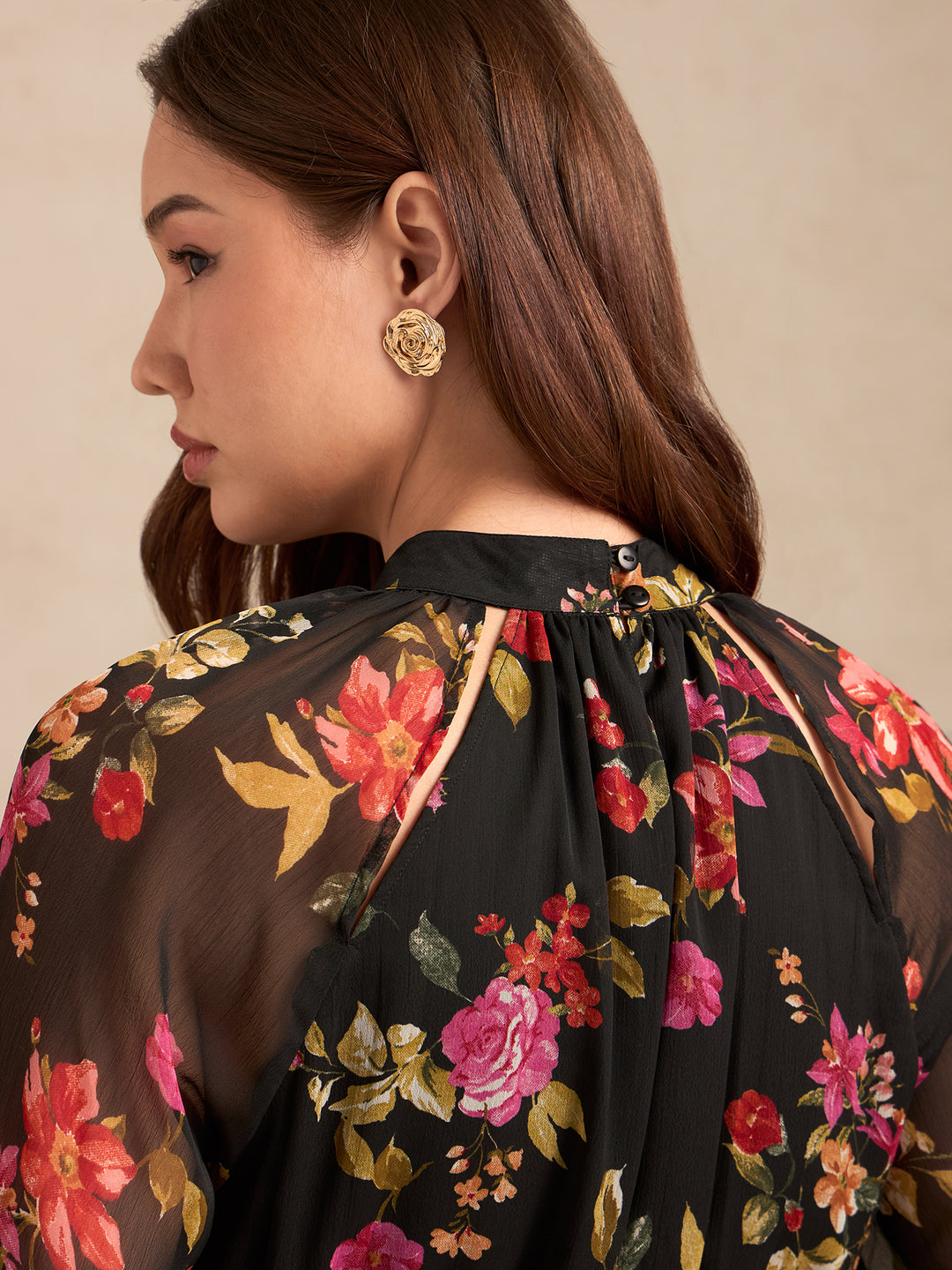 Black Floral Printed Blouse With Peplum Waist Detail