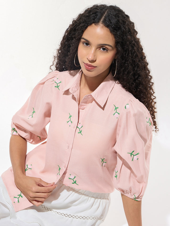 Pink Boxy Shirt With Embroidery Detail