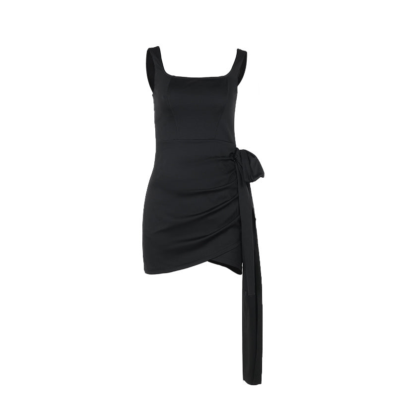 Black Square Neck Wrap Over Hem Dress