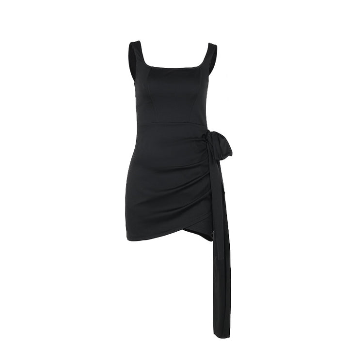 Black Square Neck Wrap Over Hem Dress