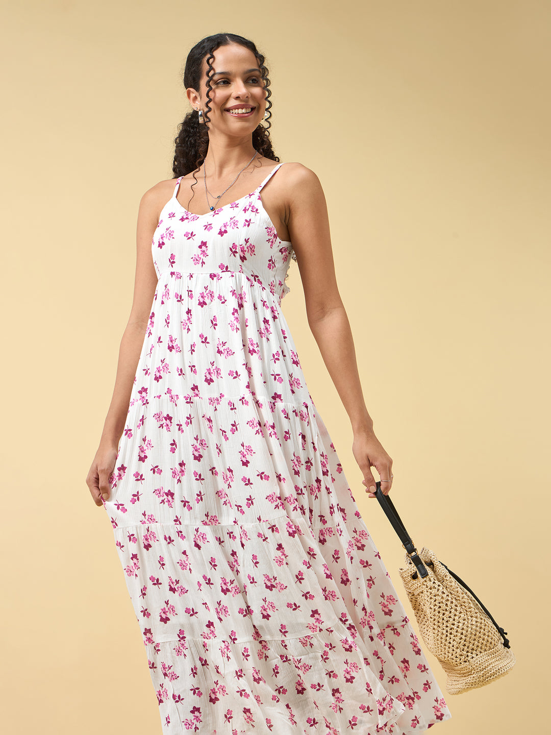 Pink A-Line Tiered Dress With Tie Up Detail At The Back