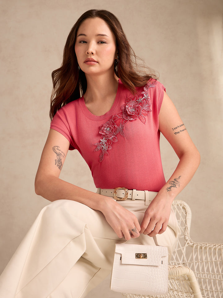 Pink Relaxed Knitted Embroidered Top