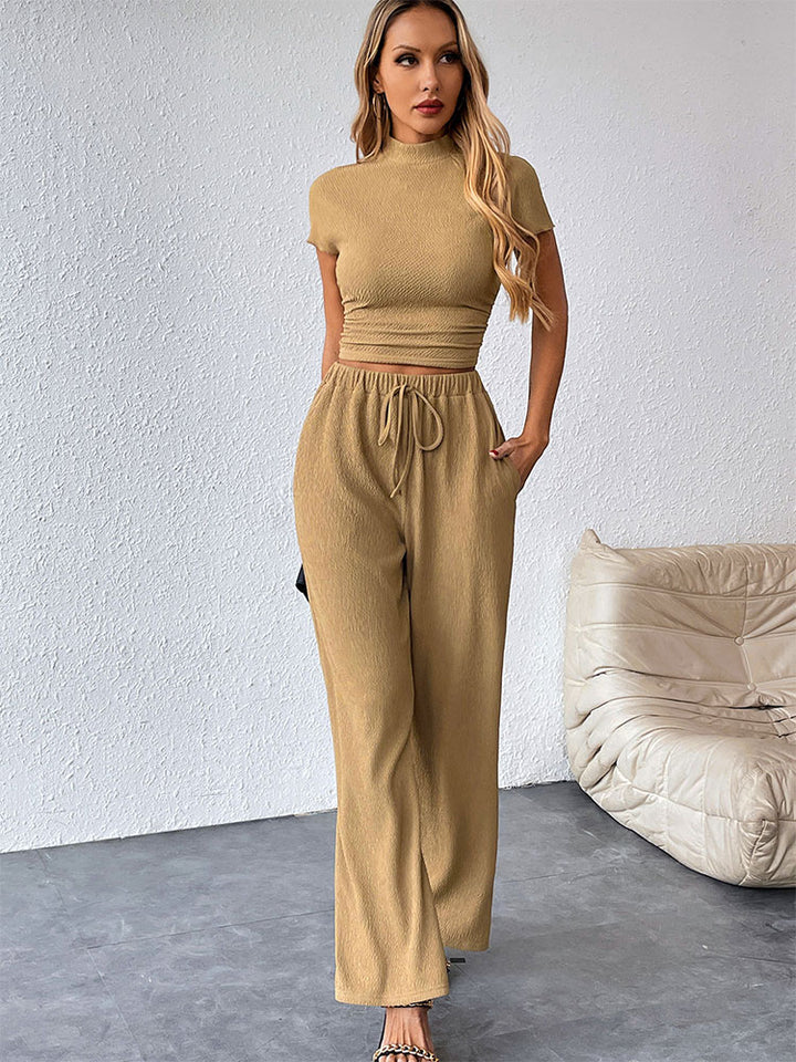 Beige Fitted Top With Wide Leg Sweatpants Coord Set
