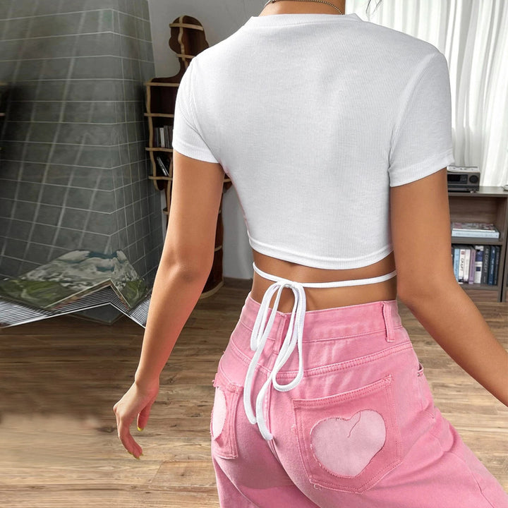 White Short Sleeve Waist Tie-Up Top