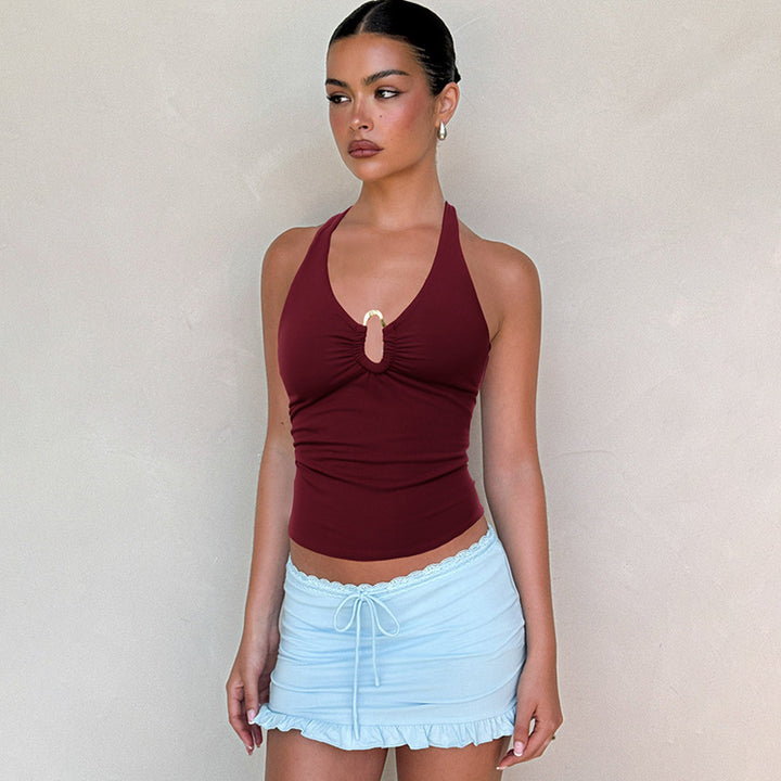 Wine Halter Neck Solid Tank