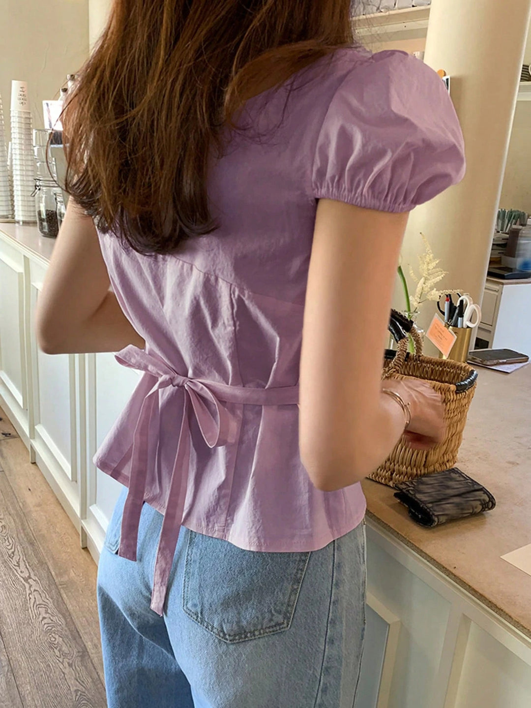 Lavender Puff Sleeve Front Tie Up Top