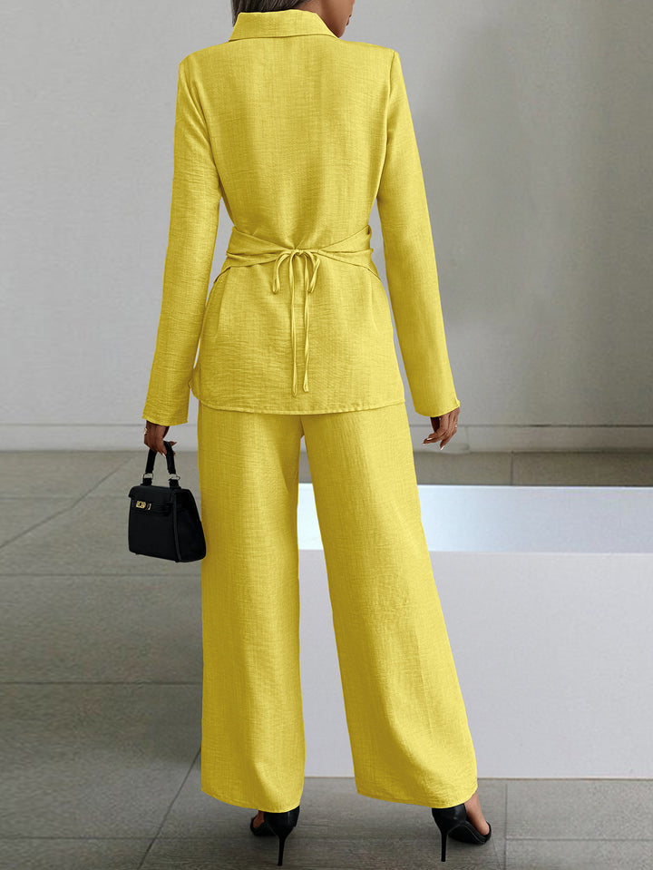 Yellow Full Sleeve Collared Fitted Shirt And Pant Set