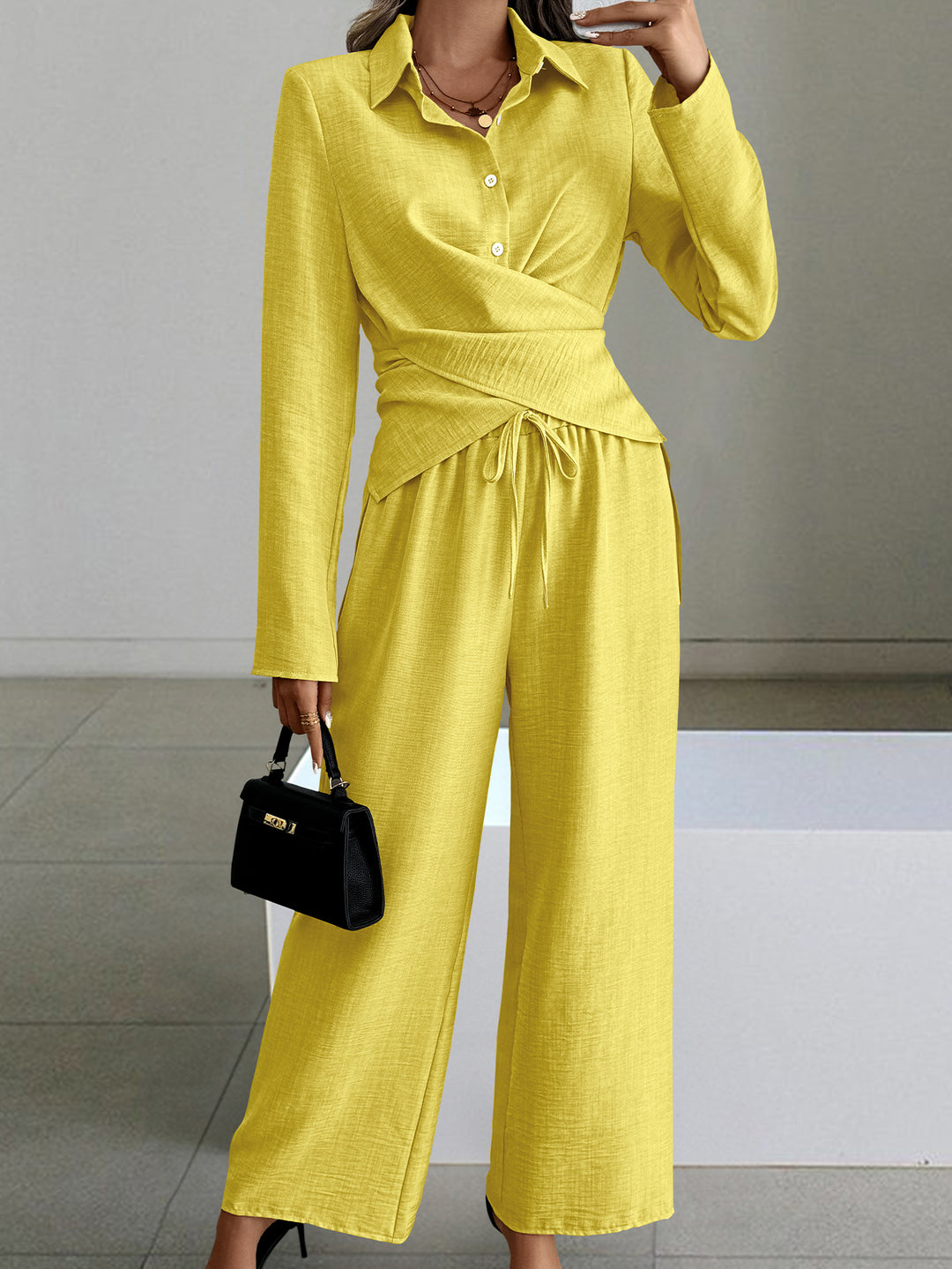 Yellow Full Sleeve Collared Fitted Shirt And Pant Set