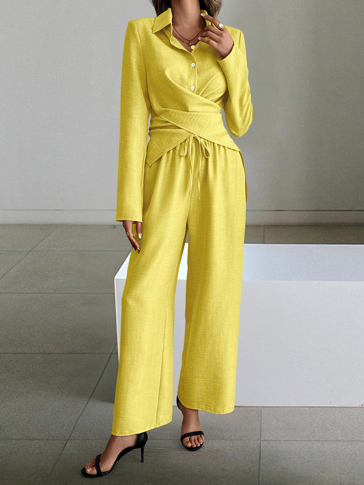 Yellow Full Sleeve Collared Fitted Shirt And Pant Set