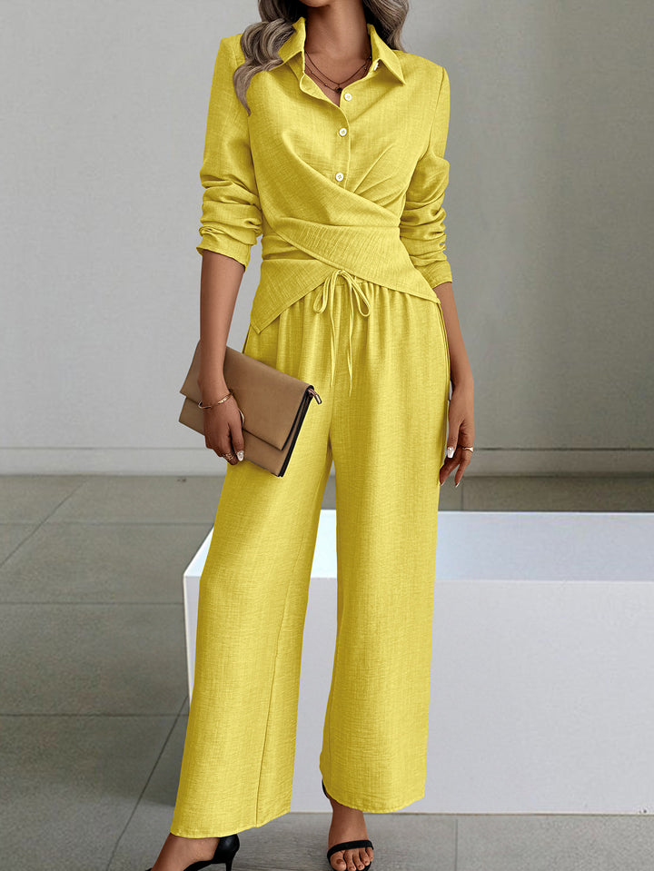Yellow Full Sleeve Collared Fitted Shirt And Pant Set