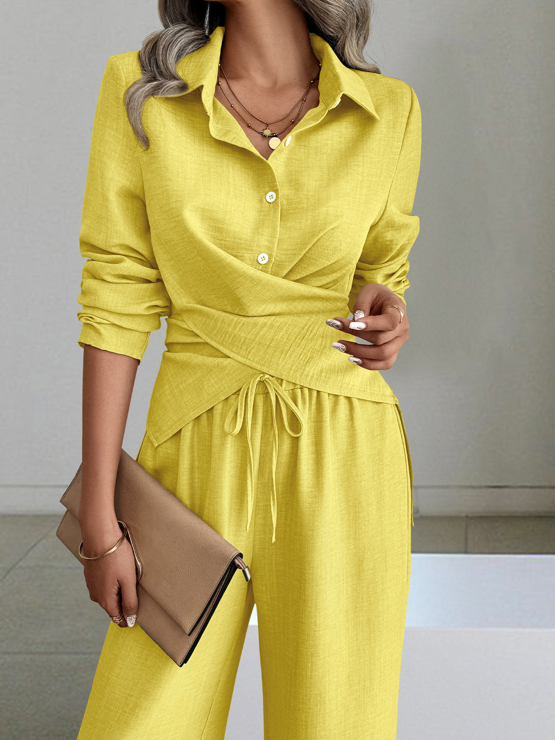 Yellow Full Sleeve Collared Fitted Shirt And Pant Set