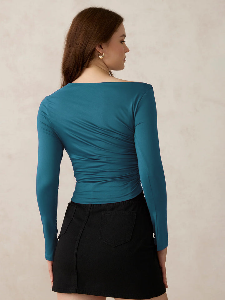 Green One Side Off-Shoulder Ruched Top