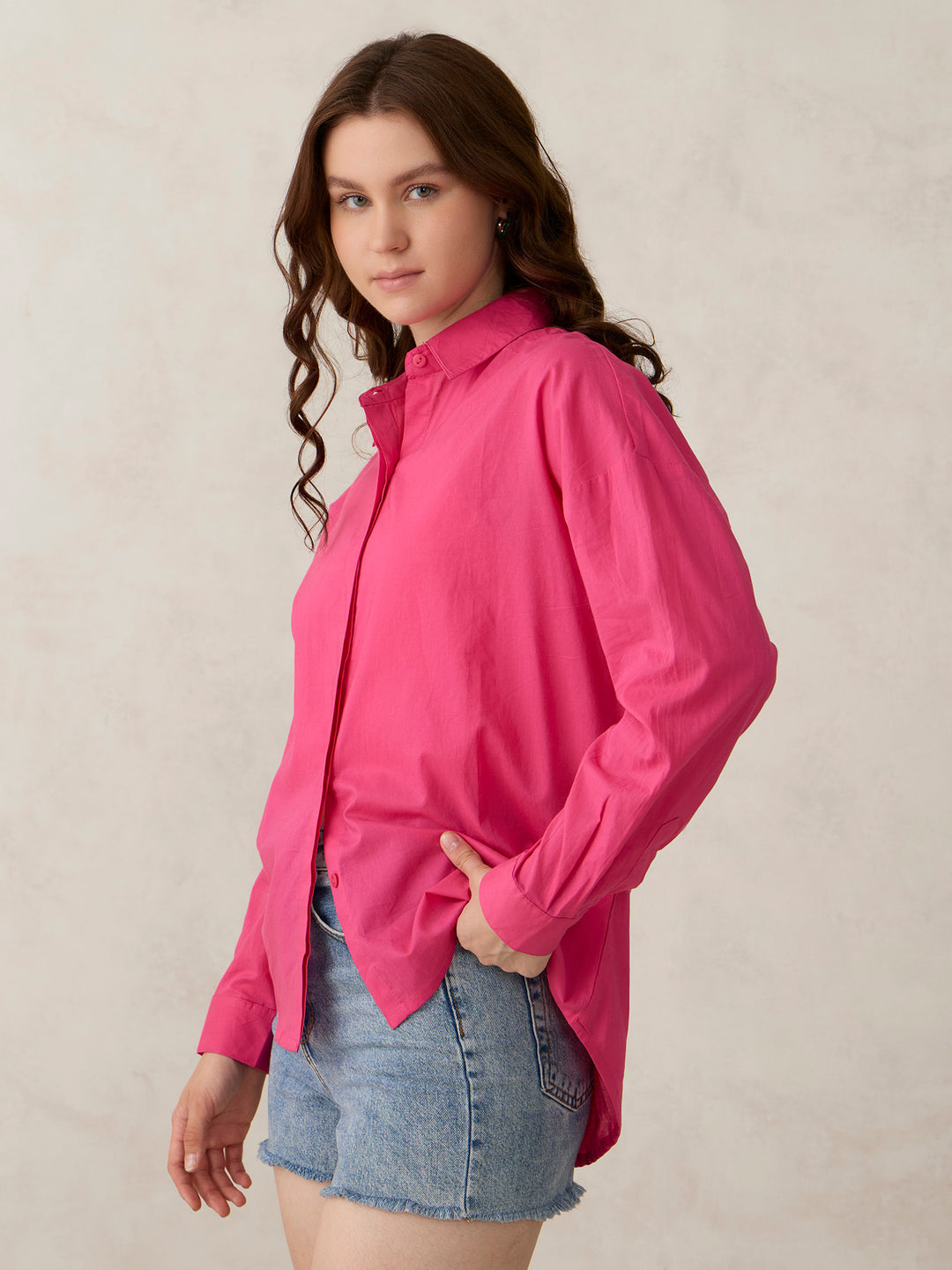 Pink Solid Oversized Shirt