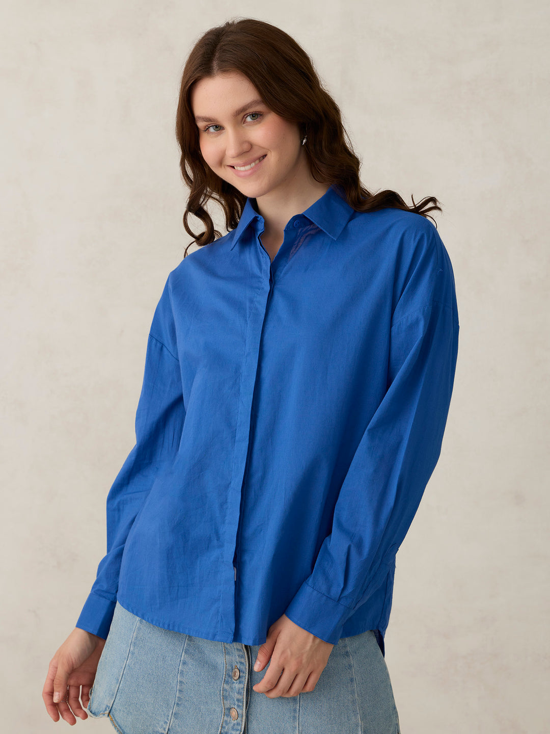 Blue Solid Oversized Shirt
