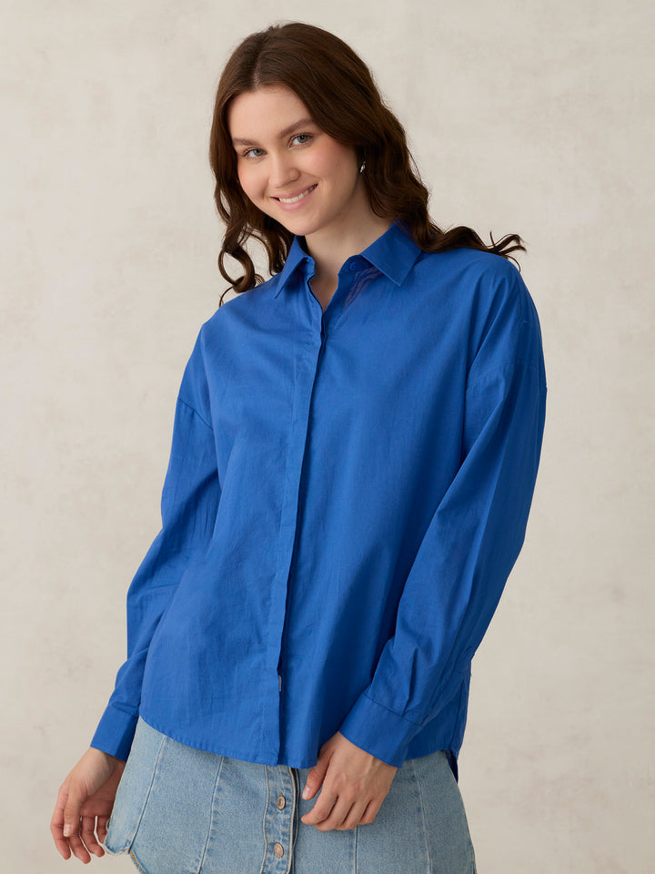 Blue Solid Oversized Shirt