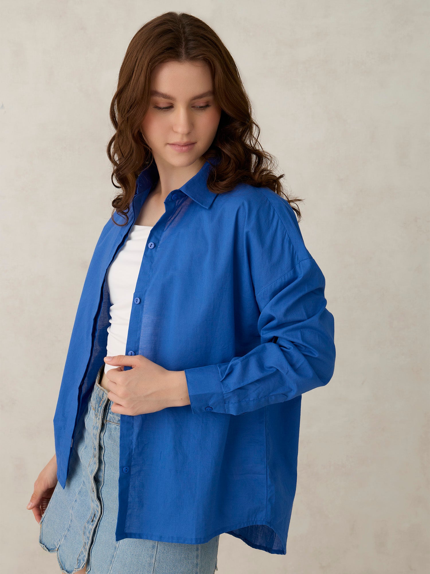 Blue Solid Oversized Shirt