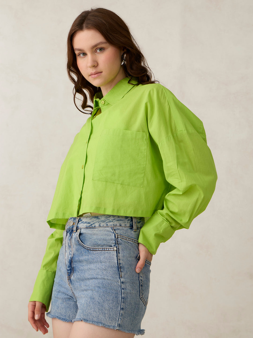 Green Cropped Solid Shirt
