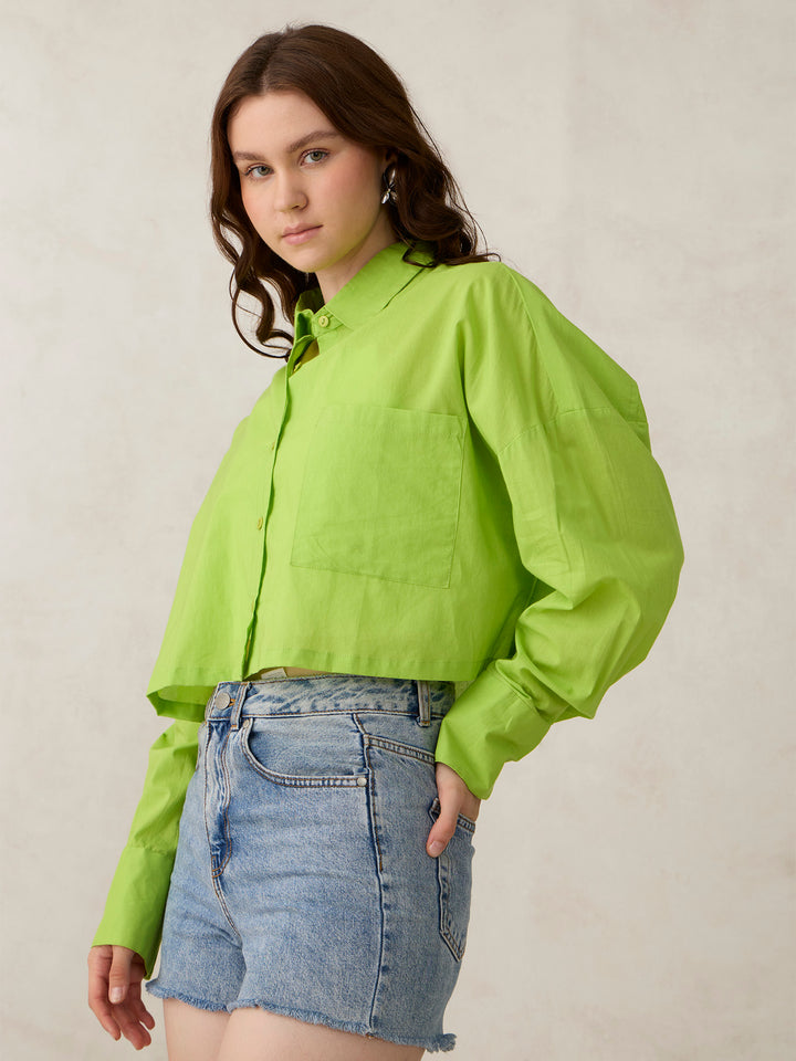Green Cropped Solid Shirt