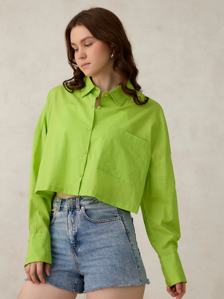 Green Cropped Solid Shirt